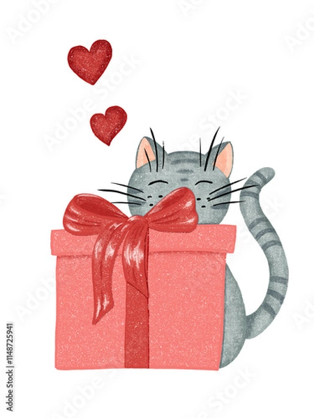 Obraz Cat with a gift. Hand drawn postcard.