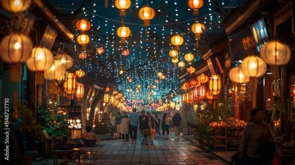 Fototapeta Chinese Lantern Festival. sense of tranquility and festivity pervades atmosphere as people stroll through the lantern-lit streets, enjoying vibrant displays and partaking in traditional festivities.