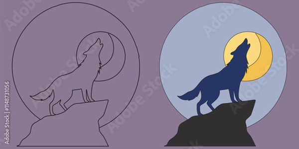 Obraz Moonlit Wolf on the Cliff Silhouette.