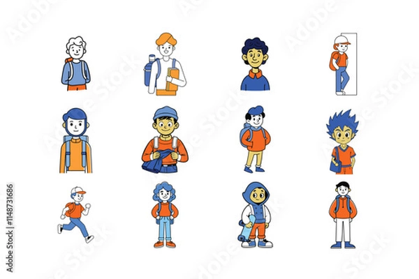 Fototapeta a set of cartoon characters that are wearing orange and blue clothing