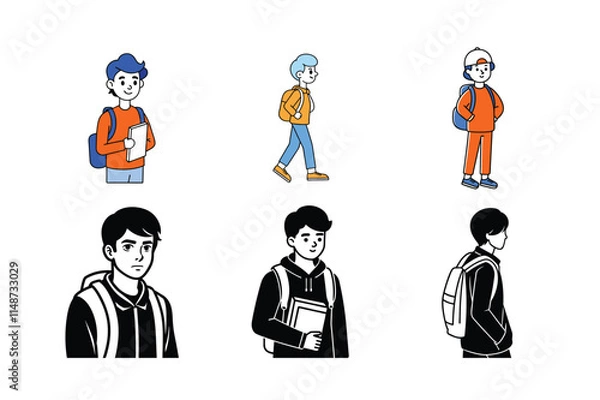 Fototapeta schoolboy icon set collection set of cartoon boy with backpack and school bag vector illustration
