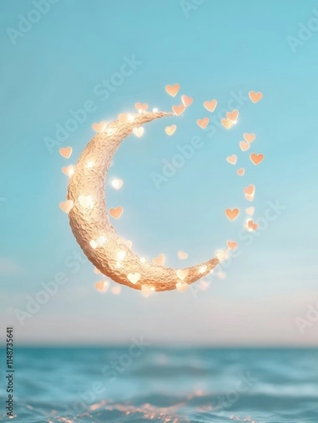 Obraz Enchanting Crescent Moon with Heart-Shaped Lights Over Tranquil Sea at Dusk
