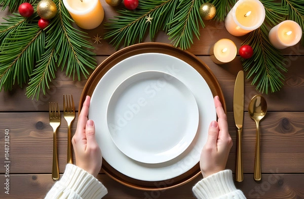 Fototapeta A bird's-eye view of a Christmas table being set, with hands neatly placing dishes, utensils, and festive decorations, creating a warm and inviting holiday scene