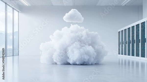 Fototapeta Cloud computing concept; fluffy cloud above servers in modern data center.