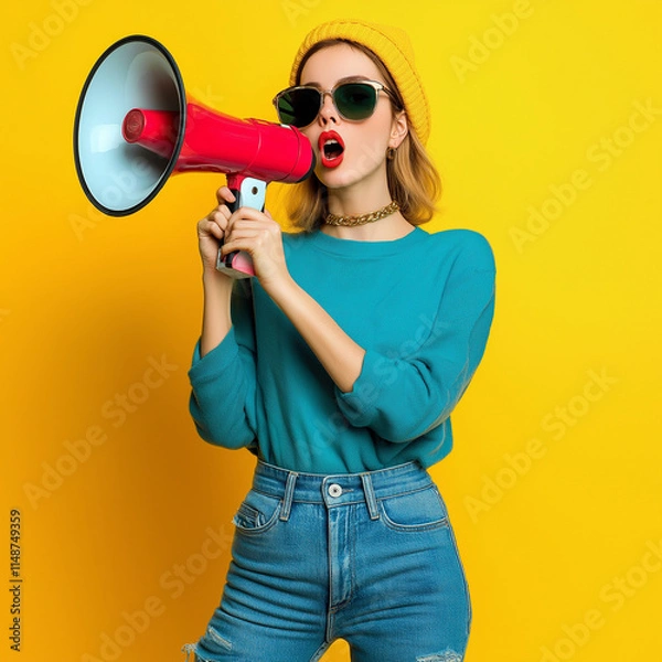 Fototapeta Trendy young woman in sunglasses holding a megaphone, making a bold statement on International Women's Day