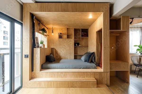 Fototapeta Modern Wooden Platform Bed with Built In Storage and Shelving