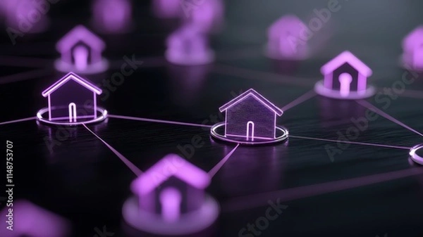 Fototapeta property loan and credit concept. Digital network of houses connected by lines, glowing in purple tones.