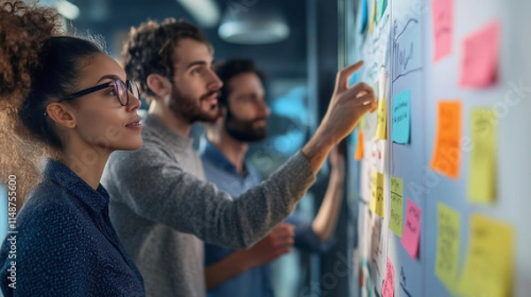 Obraz Marketing team collaborating in an office, utilizing kanban methodology during a productive strategic planning meeting