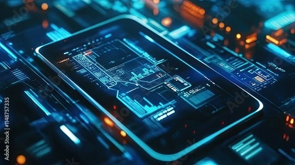 Fototapeta Futuristic tablet with glowing digital circuit board.