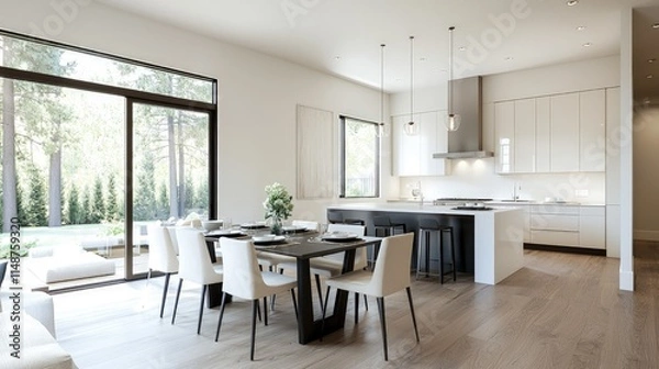 Fototapeta Modern open-plan kitchen and dining area with large windows and access to a backyard.