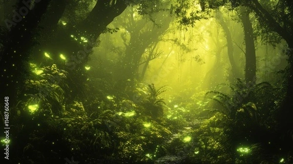 Fototapeta Enchanted Forest Path with Glowing Fireflies