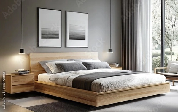 Fototapeta Chic modern bedroom featuring a low-profile bed, light wood furniture, and subtle pops of color