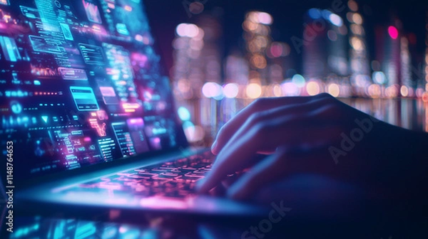 Obraz Hands Typing on Laptop with Holographic Financial Overlay