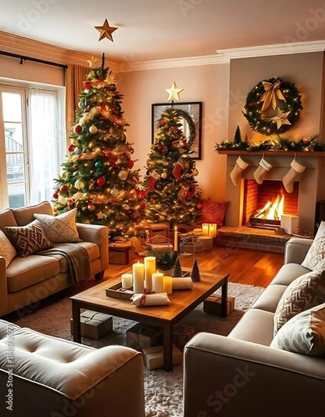 Fototapeta Ultimate Christmas Lounge Setup: Sofas, Tree, and All the Details