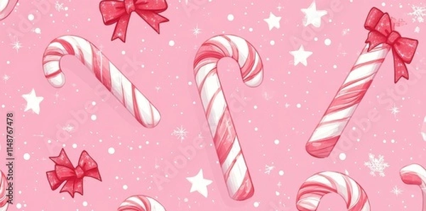 Fototapeta Festive candy cane pattern with large red bows and stars on a playful pink background. A joyful Christmas-themed 
