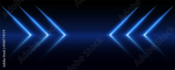 Obraz Arrow blue neon laser lines in dark studio background abstract pattern. Empty space in room with shiny reflective stage. Night scene to place product. Beautiful flash and sparkle movement and speed.