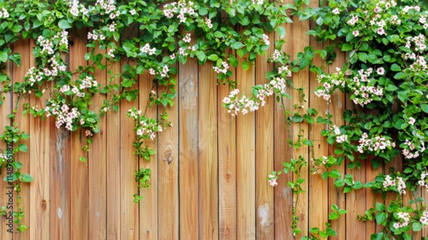 Fototapeta A classic wooden fence adorned with climbing ivy and small blooming flowers, creating a rustic and charming atmosphere.