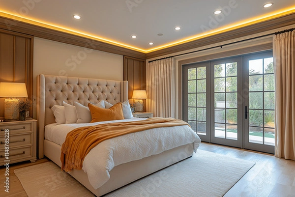 Fototapeta Chambre Parentale Luxueuse avec Lit King-Size, Tables de Chevet Élégantes, Dressing Intégré et Éclairage Doux, Ambiance Haut de Gamme et Relaxante