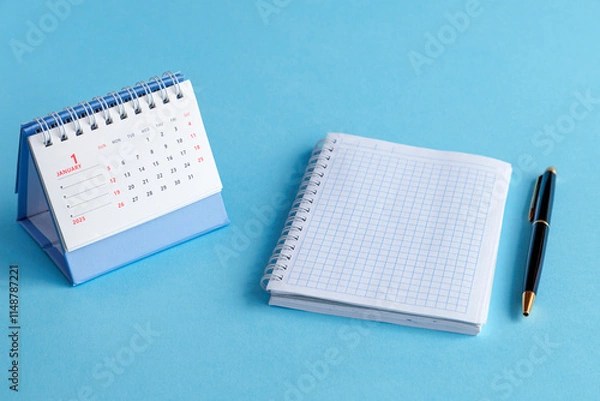 Fototapeta A desktop calendar for 2025, a ballpoint pen and an open notebook on a blue background. The planning concept.