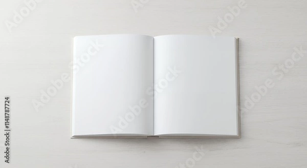 Fototapeta A blank book cover template with an open page on the front side positioned on a white wood background in a flat lay copy space image.
