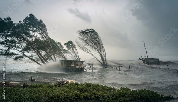Fototapeta A scene of a hurricane with huge winds and rain, uprooting trees and blowing roofs off houses.