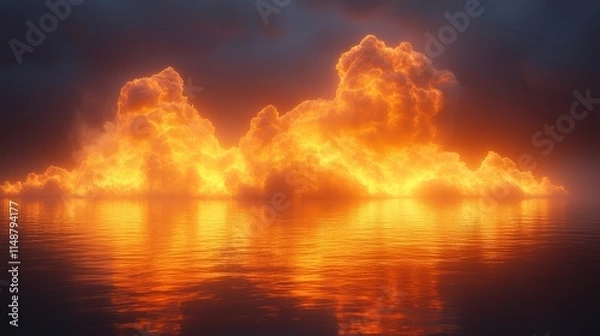 Fototapeta A fiery cloud of smoke rises from the ocean, creating a dramatic