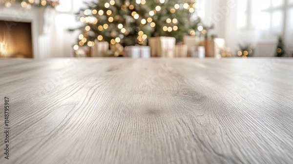 Fototapeta Empty Wooden Table with Christmas Tree and Fireplace Background