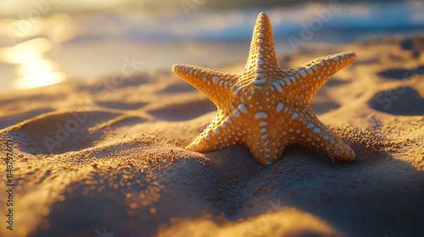 Fototapeta Beautiful Starfish on Glittering Beach Sand. Close-up of a vibrant orange starfish resting on soft, light beige sand.