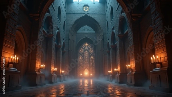 Fototapeta A grand hall with robed figures holding staffs, illuminated by golden chandeliers, as a magical blue lightning bolt descends from a glowing dome above. Generative, AI,