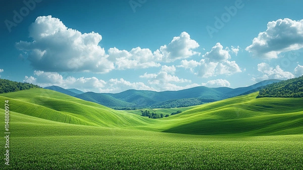 Fototapeta serene landscape of lush green hills and expansive meadows under a bright blue sky with fluffy white clouds, symbolizing peace, tranquility, and harmony in nature