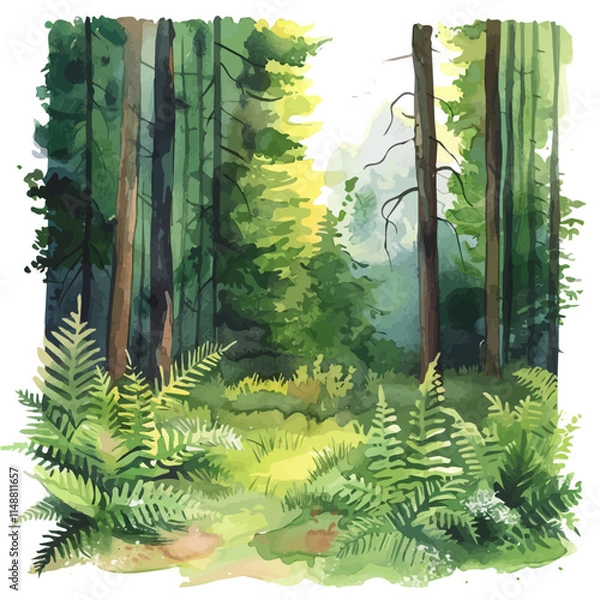 Obraz A watercolor drawing of a sunlit forest clearing with ferns, isolated on a white background. Forest vector.
