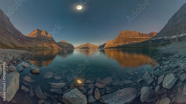 Fototapeta This is a panoramic view of the famous St Mary lake with moon at Glacier National Park