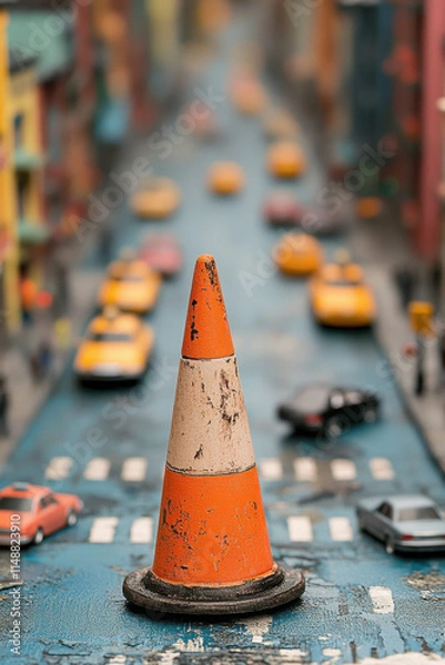 Fototapeta Traffic cone, A vibrant street scene featuring a traffic cone surrounded by yellow taxis, showcasing urban life and traffic management.