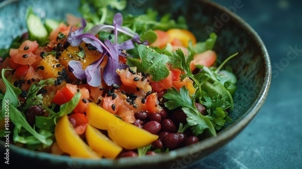 Fototapeta Healthy meal featuring kidney beans in a colorful salad, garnished with fresh vegetables.