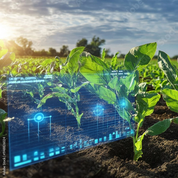 Fototapeta Innovative IoT technology monitoring plant growth in vibrant field