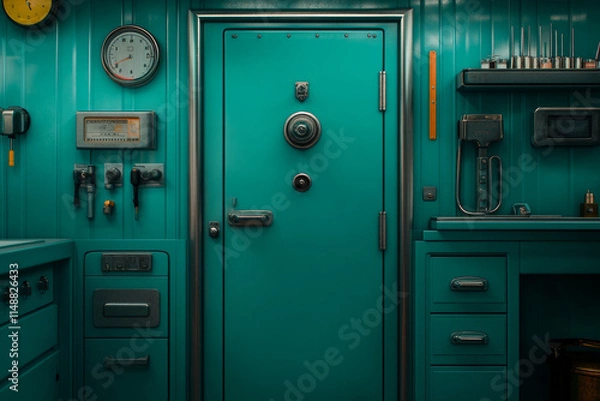 Fototapeta vibrant teal room featuring secure door, gauges, and tools, evoking sense of mystery and intrigue