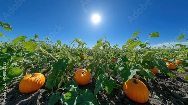 Fototapeta Lush pumpkin patch under a clear blue sky, with vines sprawling in every direction.
