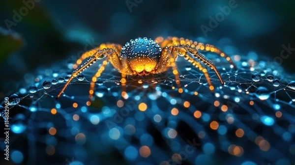 Fototapeta A close-up of a spider on a dew-covered web, illuminated by soft, warm light.