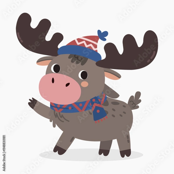 Obraz Cute cartoon moose wearing a warm scarf and beanie  vector illustration isolated on white background