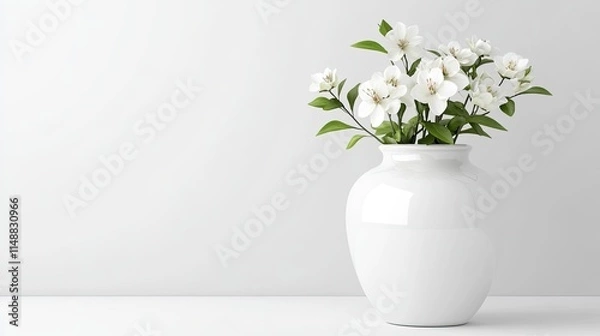 Fototapeta Elegant White Flowers in Simple Ceramic Vase Against Soft Neutral Background for Home Decor and Design Inspiration