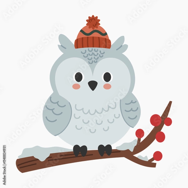Obraz Cute cartoon snowy owl standing on a tree branch vector illustration isolated on white background
