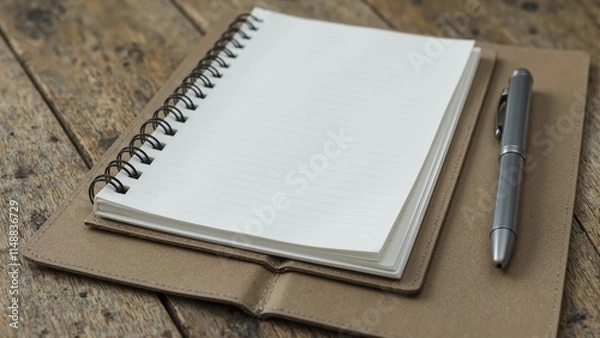 Fototapeta Rustic spiral notebook with kraft cover and curled pages resting on wooden table next to silver pen
