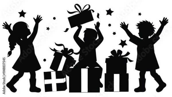 Fototapeta silhouette of excited children opening gifts on Christmas morning