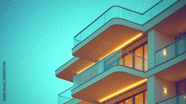 Fototapeta Detail of modern residential apartment flat building exterior showcasing a luxury home complex with sleek design and city real estate. A fragment of upscale architecture with blue sky and copy space