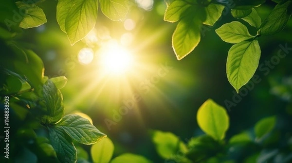 Fototapeta Serene scene of sunlight filtering through a canopy of leaves in a peaceful forest.