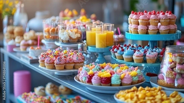 Fototapeta Table overflowing with fun snacks, cupcakes, and drinks, inviting joyful feasting.