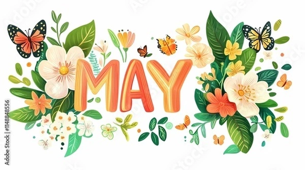 Obraz MAY" text with flowers, leaves, and butterflies in a cartoon style, isolated on a white background
