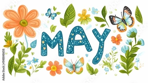 Obraz MAY" text with flowers, leaves, and butterflies in a cartoon style, isolated on a white background