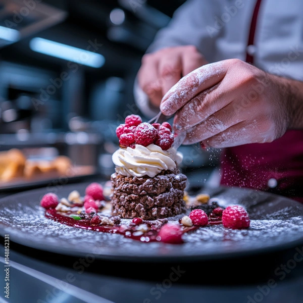 Fototapeta pastry chef skillfully plating dessert with raspberries and cream, showcasing culinary artistry and attention to detail