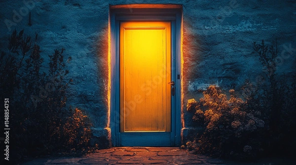Fototapeta cross-shaped door in a dark room, glowing light shining through. The minimalistic tone and blurred background evoke a sense of hope, faith, and the search for clarity amidst chaos